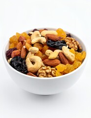 Fototapeta premium Healthy Trail Mix Bowl with Assorted Nuts and Dried Fruits on White Background.