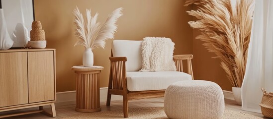 Beige living room with wooden furniture, pampas grass, and accent chair