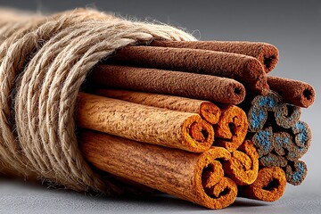Bundle of Cinnamon Sticks Tied with Twine on Gray Surface Keywords: cinnamon, spice, sticks