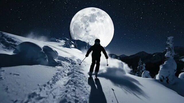 Skier carving turns on snowy slope under full moon and starry night sky