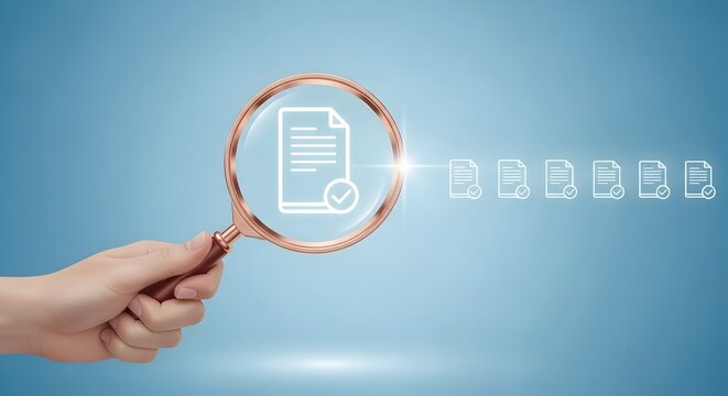 A hand holding a magnifying glass over a document icon on a blue background