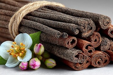 Cinnamon sticks tied with twine next to jasmine flowers Keywords: cinnamon, sticks, spice