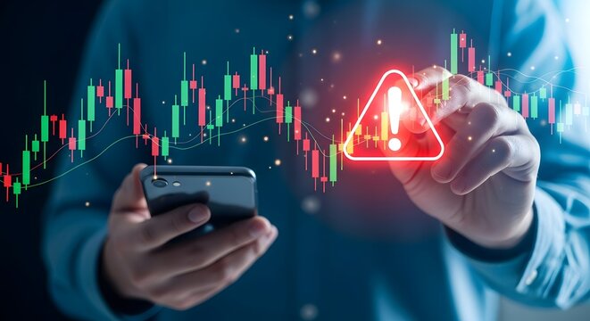 A person holding a smartphone with a warning sign and stock market graph in the background