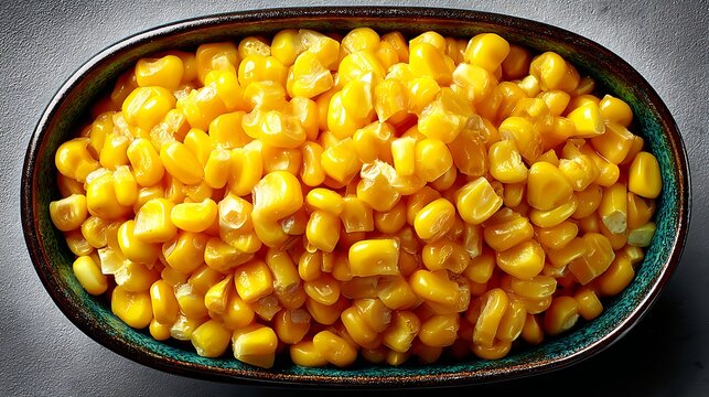 Close-up of a bowl filled with bright yellow corn kernels sweet corn food