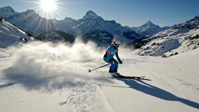Professional skier carving deep turns in fresh powder on sunny mountain