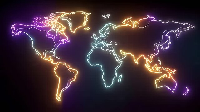 Neon World Map with Colorful Lines.