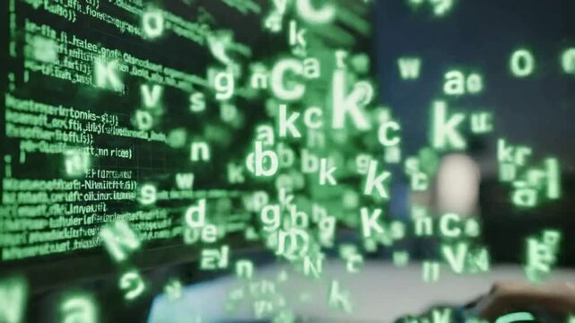 Hacker hands typing on keyboard, green letters exploding from computer screen