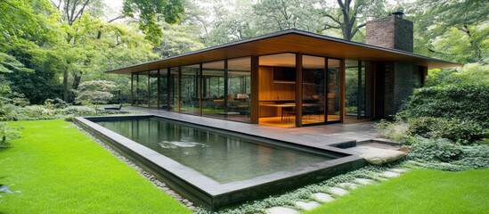 Modern home with pool and lush landscaping