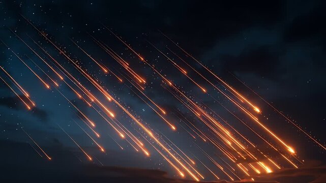 Shooting stars streak across night sky.