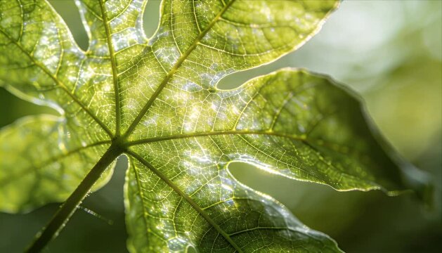 Macro green leaf texture extreme backlight detail vein sunlight glow nature foliage pattern closeup garden summer outdoors bright environment eco vibrant fresh organic serenity
