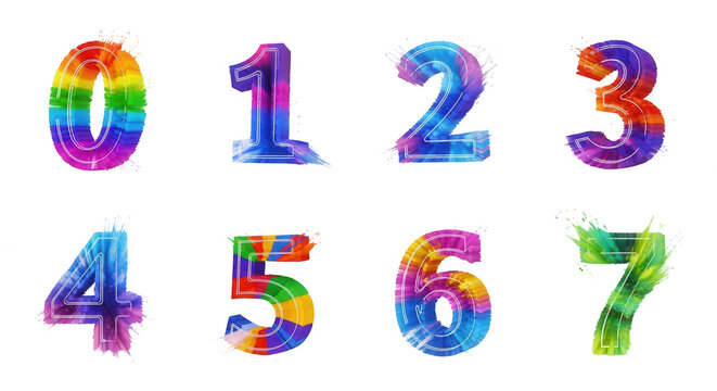 colorful digits zero through seven splash isolated on white background number representations and design elements