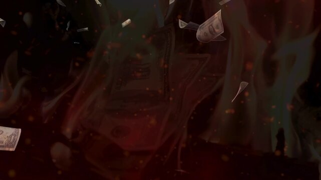Money on fire background animation. Money dollar burning with Fire flame burn. The concept of inflation and devolution, the depreciation of money, the global crisis