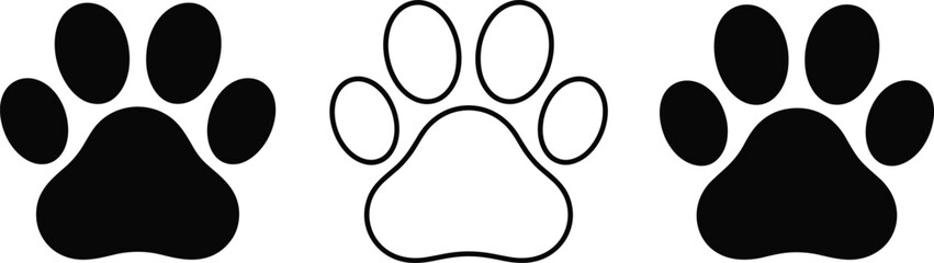 Set of black and outline paw prints icons, animal footprint silhouettes, pet track symbols, minimal vector illustration isolated design collection decorative graphic © SreeKhamol