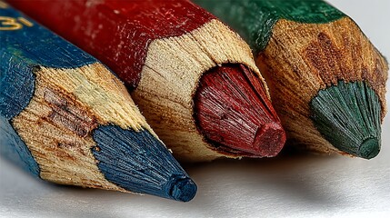 Macro View of Three Sharpened Colored Pencils in Blue Red and Green image