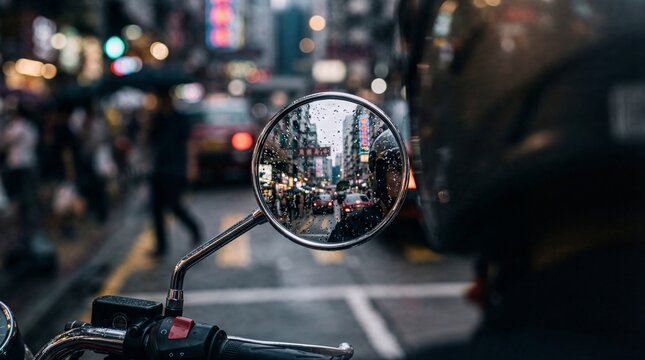 Sudut pandang pengendara di jalanan kota yang hujan dengan kaca spion sepeda motor yang memantulkan lalu lintas yang sibuk.
