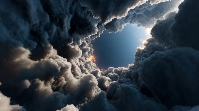 Dramatic storm cloud tunnel framing bright sky with warm light and distant stars evoking turbulent atmosphere cumulus formation and dramatic cloud vortex opening to clear sky with soft sunlight