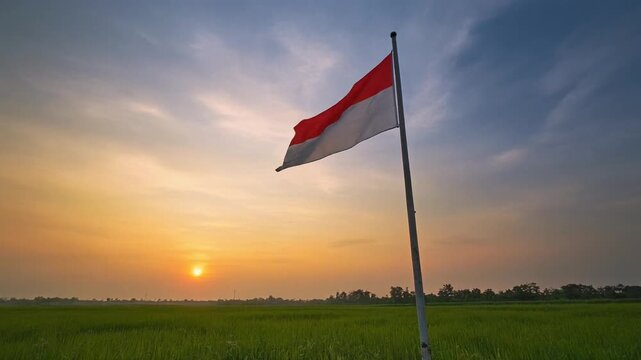 Indonesia or Monaco flag flies on a high pole on the edge of high rock hill against sunset sky
