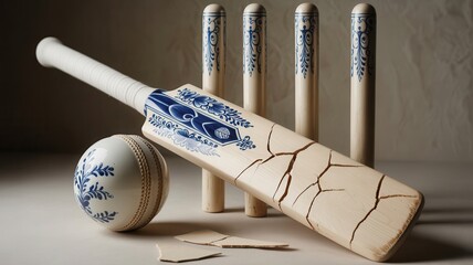 Cracked cricket bat and ball with blue floral design on white background