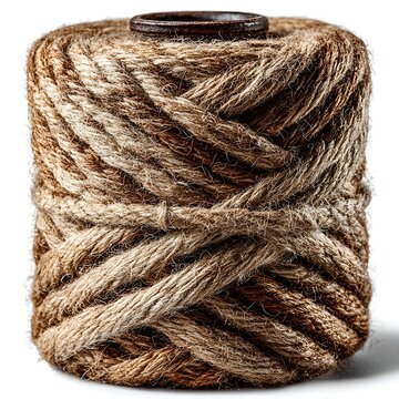 Spool of thick natural fiber twine on a white background rope string