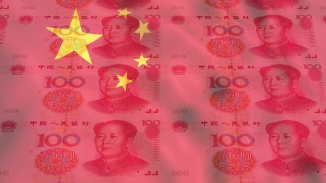 China yuan bills printing  animation with China flag background. China economy footage.
