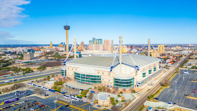 Wide Aerial of Alamodome and San Antonio Skyline