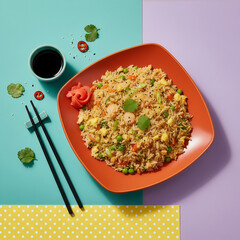 Vegetable Fried Rice with Peas and Carrots in Orange Bowl on Pastel Background