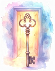 光に照らされた鍵と扉の水彩イラスト｜希望と解決を象徴するファンタジーアート
Watercolor Illustration of a Key and an Open Door Symbolizing Hope and Solution