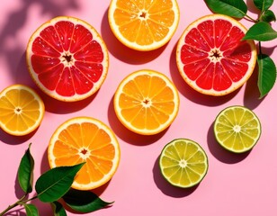 Fototapeta premium Colorful Citrus Fruits Arranged Pastel Pink Background