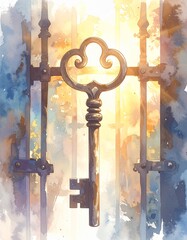 光に照らされた鍵と扉の水彩イラスト｜希望と解決を象徴するファンタジーアート
Watercolor Illustration of a Key and an Open Door Symbolizing Hope and Solution