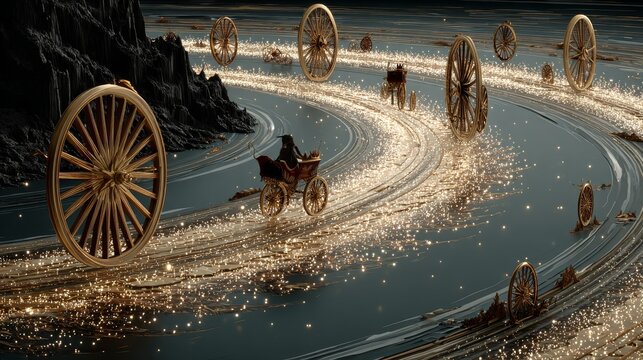 Cosmic chariot wheels with golden light trails on a celestial path, stars forming sacred patterns, victory laurels and crown symbols, mandala of focus, achievement, and destiny alignment.