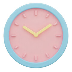 Pink and blue minimalist clock with yellow hands isolated on transparent background