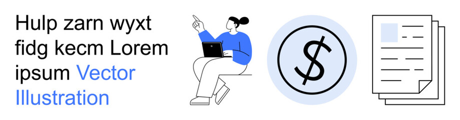 Obraz premium Business solutions, financial analysis, team collaboration, online courses, professional planning, and financial operations. A person working on a laptop, dollar symbol and documents. Business