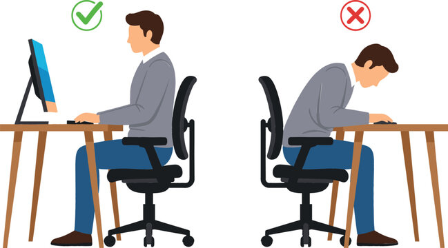 Correct and incorrect sitting posture infographic showing a man at a desk with flat vector computer ergonomics for healthy spinal alignment.