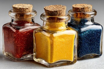 Three Glass Jars Filled with Glitter in Red Yellow and Blue glitter jars craft supplies
