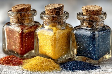 Three Glass Jars Filled With Glitter In Red Yellow And Blue sparkle craft