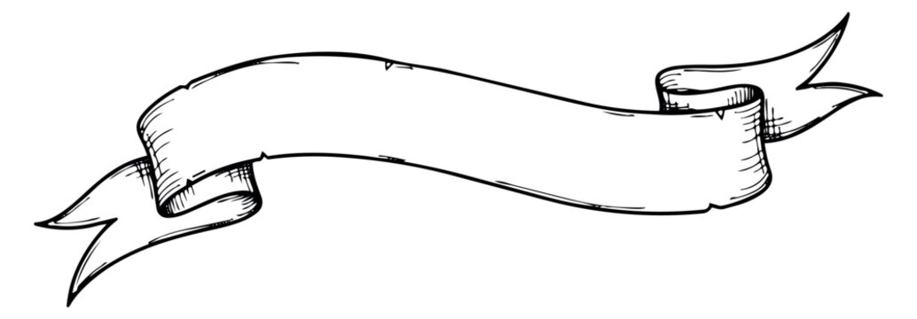 Hand drawn line art illustration of a ribbon banner depicting an empty scroll for decorative text