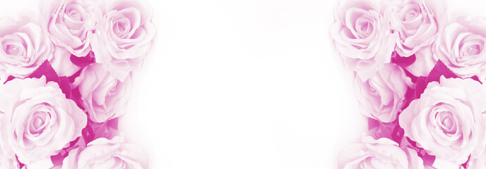 Dreamy purple pink white roses flowers merging in a pastel colored flower composition. Floral border frame and copy space. Template banner