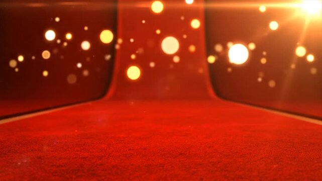 VIP guests walk the red carpet at a luxurious event entrance with golden bokeh lights