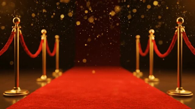 VIP guests walk the red carpet at a luxurious event entrance with golden stanchions and ropes in a glamorous setting
