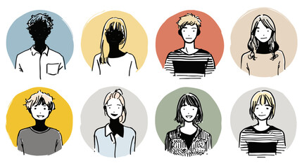 다양한 스타일의 남녀 캐릭터 8종 세트로 구성된 핸드드로잉 일러스트레이션이며 투명한 배경에 원형 아이콘 형태로 제작되어 소셜 미디어 프로필이나 커뮤니티 사용자 아바타 디자인에 활용하기 적합한 고품질 그래픽 리소스입니다.