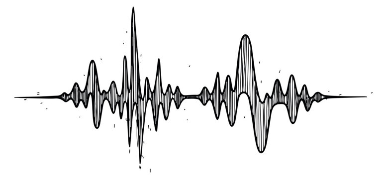 Hand drawn line art illustration of a sound wave depicting audio frequency for music and technology concepts