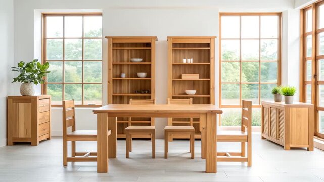 Bright light oak dining room with cedar furniture, oak table chair bookshelf sideboard and large windows showing greenery with soft daylight