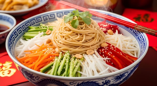 Traditional Yee Sang or Yusheng prosperity toss salad with colorful shredded vegetables and noodles for Lunar New Year.