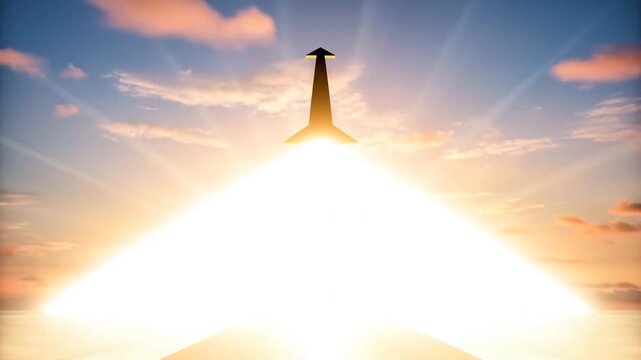 Sun arrow sunrise sky rocket silhouette light beam sunbeam horizon road path perspective dawn travel direction journey beacon glowing triangular