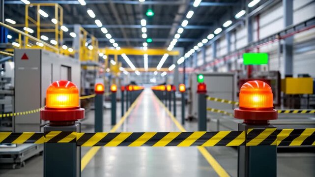 Red warning light safety barrier industrial aisle automated sensors signaling hazard in factory production line for safety