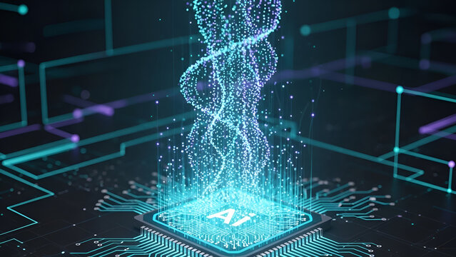 Futuristic AI Chip with Data Flow and Circuit Board