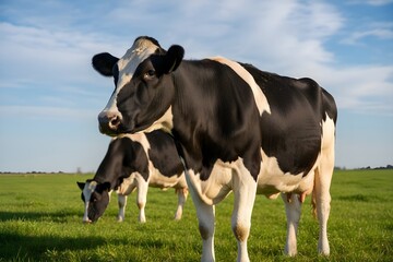 Realistic Holstein Dairy Cows Grazing on Green Pasture Under Bright Natural Daylight Rural Farm Landscape