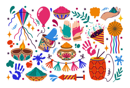 Indian festival of Holi vector icon set. Hands in paint, colorful gulal powder in pots, garlands, firecracker. Fun for kids, kite, balloon, pichkari. Handprints, traditional holiday. Cartoon clip art