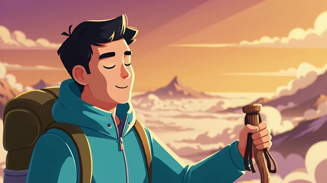 Young man hiker sitting on mountain peak admiring sunset