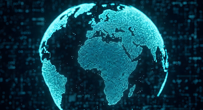 A glowing blue digital representation of Earth, showing continents and a technological background.